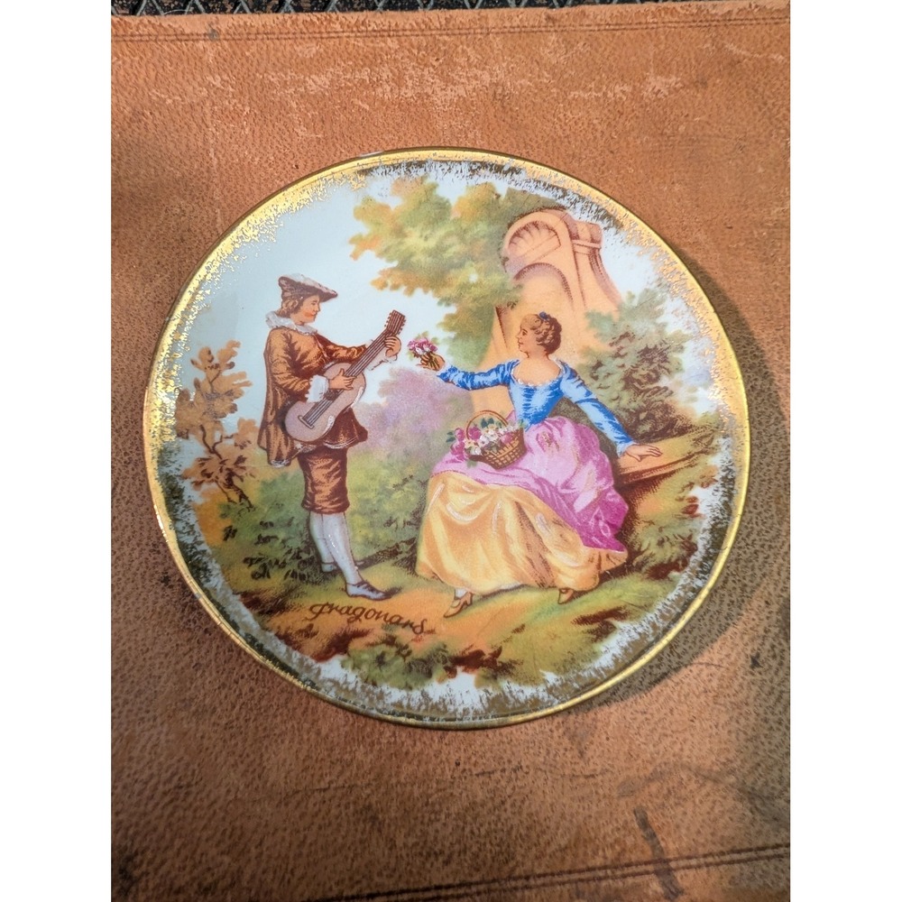 Limoges France Fragonard Courting Couple Butter Pat Mini Plate Gold Trim